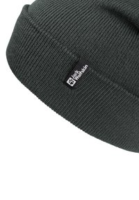 Beanie lavorato a maglia verde scuro con una texture a coste e una piccola etichetta nera con il logo di Jack Wolfskin. Tessuto liscio, design caldo.