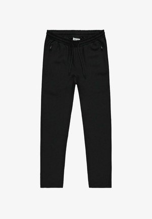 Zwarte joggingbroek met een elastische tailleband en trekkoord. Voorzien van zijzakken met ritsen en een gladde, licht gewoven stof.