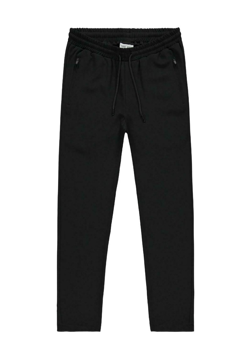 Zwarte joggingbroek met een elastische tailleband en trekkoord. Voorzien van zijzakken met ritsen en een gladde, licht gewoven stof.