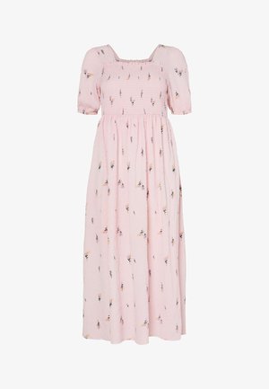 Roze katoenen maxijurk met korte pofmouwen, gerimpelde buste, gebloemd borduursel en een vloeiende rok.