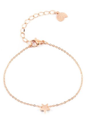 Roségoldenes Armband mit einer zarten Kette, das einen sternförmigen Anhänger trägt. Verfügt über einen Karabinerverschluss und eine Verlängerungskette mit einem kleinen Akzent.