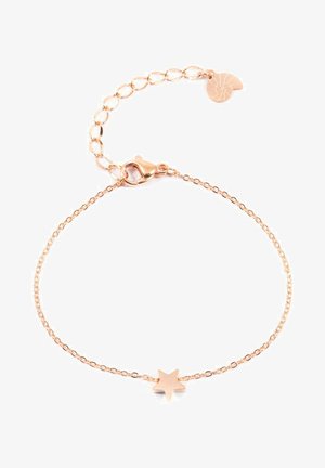 Roségoldenes Armband mit einer zarten Kette, das einen sternförmigen Anhänger trägt. Verfügt über einen Karabinerverschluss und eine Verlängerungskette mit einem kleinen Akzent.