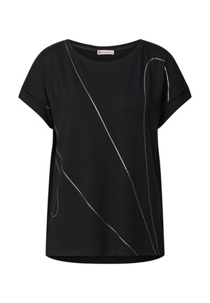 Czarny t-shirt z krótkim rękawem, ozdobiony białymi abstrakcyjnymi wzorami liniowymi. Wykonany z miękkiego materiału, o luźnym kroju i okrągłym dekolcie.