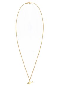 Guld kædelys med en lille haj pendant. Kæden er delikat med en glat tekstur og en skinnende finish.