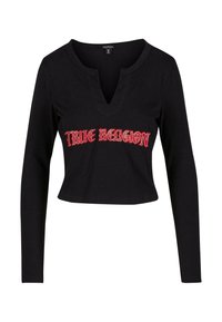 Melna ilgām piedurknēm crop top blūze ar V-veida kakla izgriezumu un "TRUE RELIGION" rakstu sarkaniem kristāliem uz priekšpuses. Mīksta auduma, pieguļoša forma.