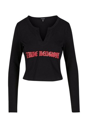Melna ilgām piedurknēm crop top blūze ar V-veida kakla izgriezumu un "TRUE RELIGION" rakstu sarkaniem kristāliem uz priekšpuses. Mīksta auduma, pieguļoša forma.
