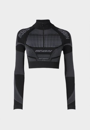 Black cropped athletic top with long sleeves, high collar, half-zipper, textured panels, and contrasting gray lines and accents.
