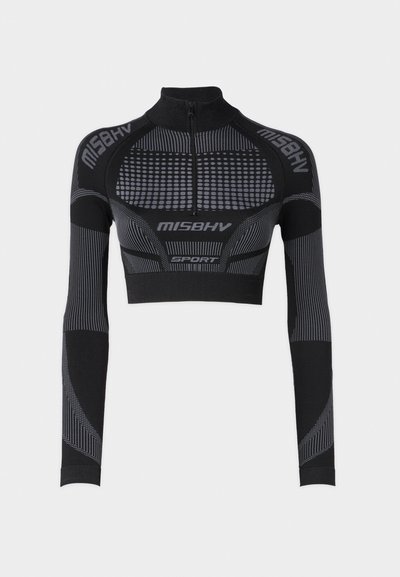 Black cropped athletic top with long sleeves, high collar, half-zipper, textured panels, and contrasting gray lines and accents.