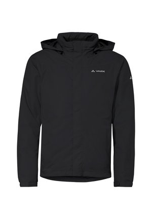 Veste Vaude noire imperméable avec un col montant, une capuche ajustable, des manches longues et un poignet élastique. Présente un logo subtil sur la poitrine.
