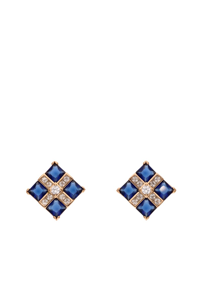Pendientes cuadrados con gemas de un azul profundo y un detalle de diamante en el centro. Diseño en tono dorado que realza el color intenso de las piedras.