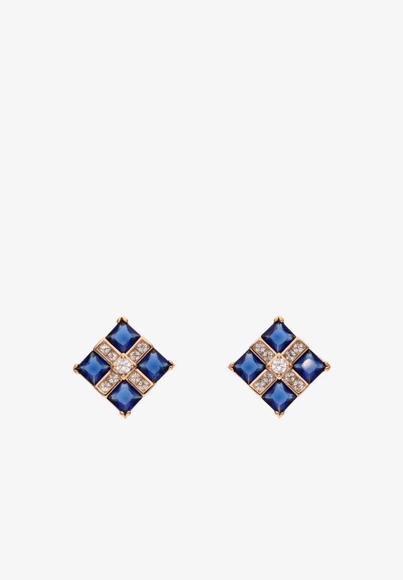 Pendientes cuadrados con gemas de un azul profundo y un detalle de diamante en el centro. Diseño en tono dorado que realza el color intenso de las piedras.