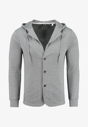 Sweat à capuche gris clair avec trois boutons sur le devant, manches longues et cordons à la capuche, en tissu tricoté doux.