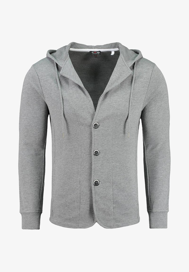 Sweat à capuche gris clair avec trois boutons sur le devant, manches longues et cordons à la capuche, en tissu tricoté doux.