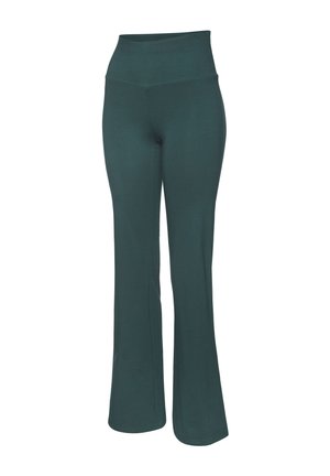 High-waisted flared leggings in dark green, made from soft, stretchy fabric. Features a smooth texture with seamless design along the waist.