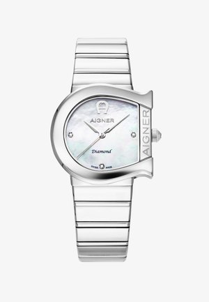 Sidabrinė nerūdijančio plieno laikrodžio apvalus korpusas, perlų dialas, du deimantiniai akcentai ir poliruota metalinė apyrankė.