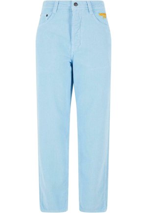Jasnoniebieskie spodnie w paski o prostym kroju, z zapięciem na guzik i małym logo z przodu. Wykonane z miękkiego materiału.