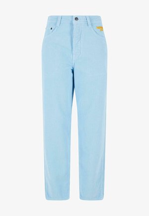 Jasnoniebieskie spodnie w paski o prostym kroju, z zapięciem na guzik i małym logo z przodu. Wykonane z miękkiego materiału.