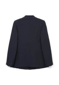 Blazer blu scuro con un design strutturato. Presenta un colletto a punta, maniche lunghe e una vestibilità sartoriale con dettagli di ventagli posteriori.