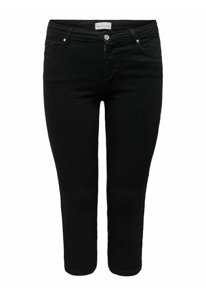 Schwarze Slim-Fit-Cropped-Jeans mit vorderer Knopf- und Reißverschluss, Gürtelschlaufen und Fünf-Taschen-Design.