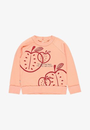 Sudadera de color durazno con estampado de manzana roja, cuello redondo y puños de canalé. Presenta el texto que dice: "La Tierra tiene música para quienes escuchan."