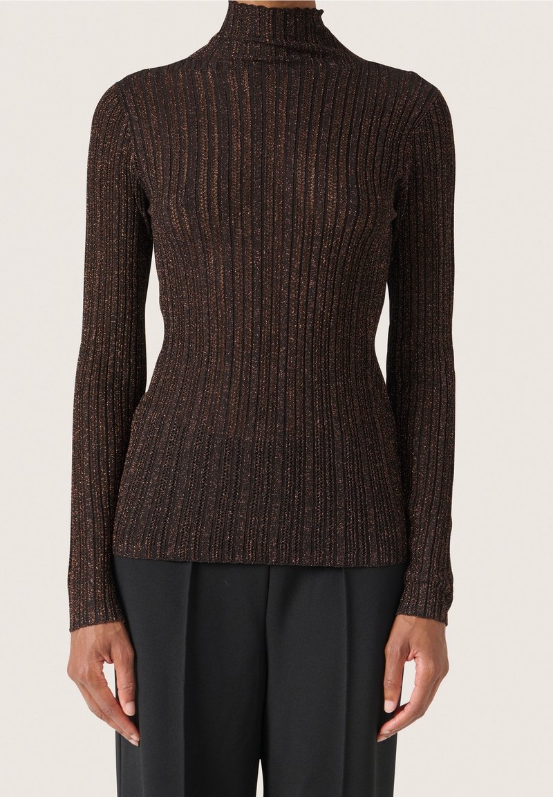 Mörk, ribbad långärmad topp med en ståkrage. Materialet har en glittrig textur i svart och kopparnyanser. Tätsittande silhuett.