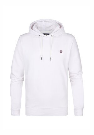 Weißer Kapuzenpullover aus weichem Stoff, mit einer vorderen Kängurutasche, Zugbändern und einem kleinen Logo auf der Brust.