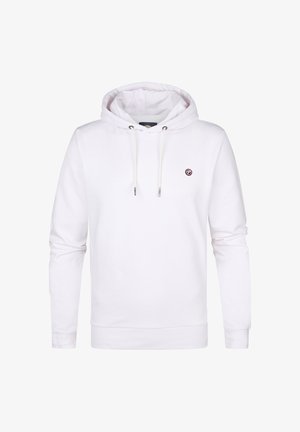Witte hoodie gemaakt van zachte stof, heeft een voorzak, een trekkoord en een klein logo op de borst.