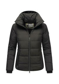 Black padded jacket with a high collar, zip closure, two side pockets, and ribbed cuffs. Features a logo badge on the inner collar.