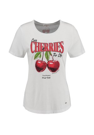 Camiseta blanca de algodón con un estampado gráfico de cerezas rojas con hojas verdes y el texto "Amar las cerezas por siempre" en letras negritas.