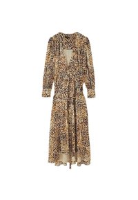 Sukienka w panterkę w odcieniach beżu i brązu, z długim rękawem, głębokim dekoltem w kształcie V oraz dopasowaną talią zaakcentowaną wiązaniem. Lekki materiał.