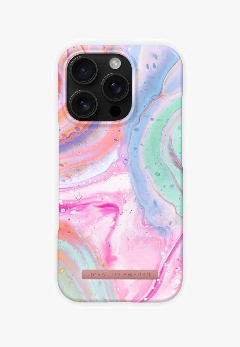 Colorful marble-patterned phone case with pastel pink, purple, green, and blue swirls, featuring a black triple-camera cutout and "Ideal of Sweden" label.