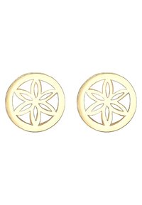 Orecchini circolari dorati con un design floreale intagliato, finitura liscia e texture lucida. Il diametro è di circa 2,5 cm.