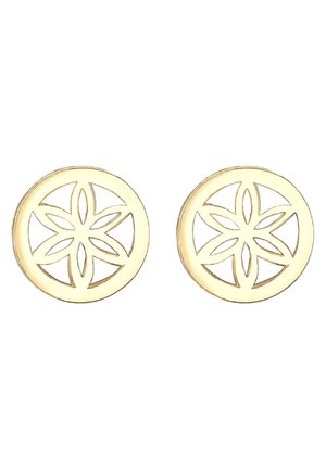 Goldene kreisförmige Ohrringe mit einem durchbrochenen Blumendesign, glatter Oberfläche und polierter Textur. Der Durchmesser beträgt etwa 2,5 cm.