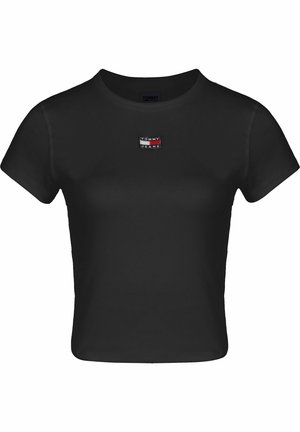 Czarny krótki t-shirt z krótkim rękawem, okrągłym dekoltem i małą naszywką z logo Tommy Jeans na środku klatki piersiowej.