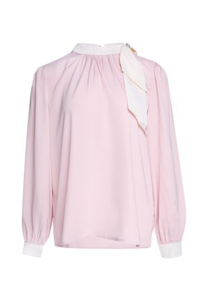 Light pink long-sleeve blouse with white cuffs, a white high collar, and a white bow tied at the neck on a white background.