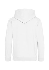 Vit hoodie med en mjuk textur, som har en dragsko i huvan, ribbade ärmslut och en enkel, ren design. Ingen grafik eller mönster.