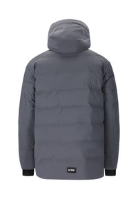 Grå polstret jakke med hætte, der har vandrette syninger, elastiske manchetter og et logo-tag forneden. Glat ydertekstur.