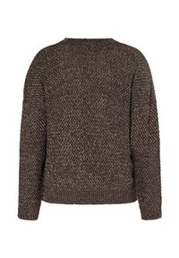 Ciemnobrązowy sweter z długimi rękawami, wykonany na drutach, z prążkowanymi mankietami i dołem, pokazany od tyłu na białym tle.