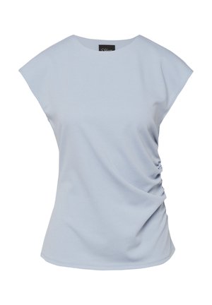 Hellblaue Bluse mit kurzen Ärmeln, seitlich gerafft und rundem Ausschnitt, aus weichem, glattem Stoff.