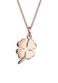 Rosa-goldenes Kleeblatt-Pendant an einer zarten Kette, mit glatten Oberflächen und einem polierten Finish, das die vier herzförmigen Blätter betont.