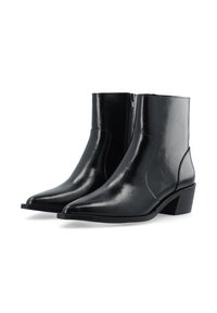 Schwarze Lederstiefeletten mit spitzem Zehenbereich und niedrigem Blockabsatz. Sie verfügen über eine glatte Oberfläche und einen seitlichen Reißverschluss für ein einfaches An- und Ausziehen.