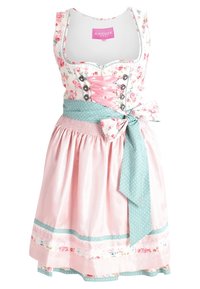 Robe dirndl sans manches à motif floral avec corsage rose à lacets, ceinture à pois bleu clair nouée en nœud, et jupe rose froncée avec bordure florale.