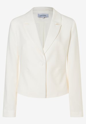 Witte, op maat gemaakte damesblazer met lange mouwen, een kraag met inkeping, eenknopsluiting en een kortere zoom.