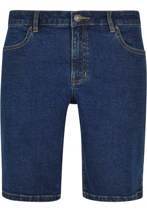 Donkerblauwe denim shorts met een recht gesneden ontwerp, vijf pockets en gouden stiksels op de naden. Voorzien van een metalen knoopsluiting.