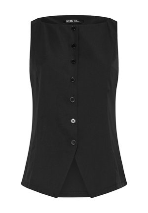 Zwarte strapless top met zwarte knopen aan de voorkant, lichte uitlopende zoom en merklapje aan de binnenkant van de kraag.