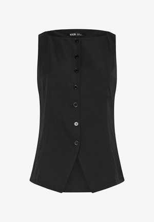 Haut noir sans bretelles avec des boutons noirs à l'avant, légère évasement à l'ourlet et étiquette de marque à l'intérieur du col.