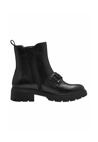 Bottines noires en cuir lisse avec une fermeture éclair sur le côté, semelle épaisse et boucle décorative avec un motif tressé sur le côté.