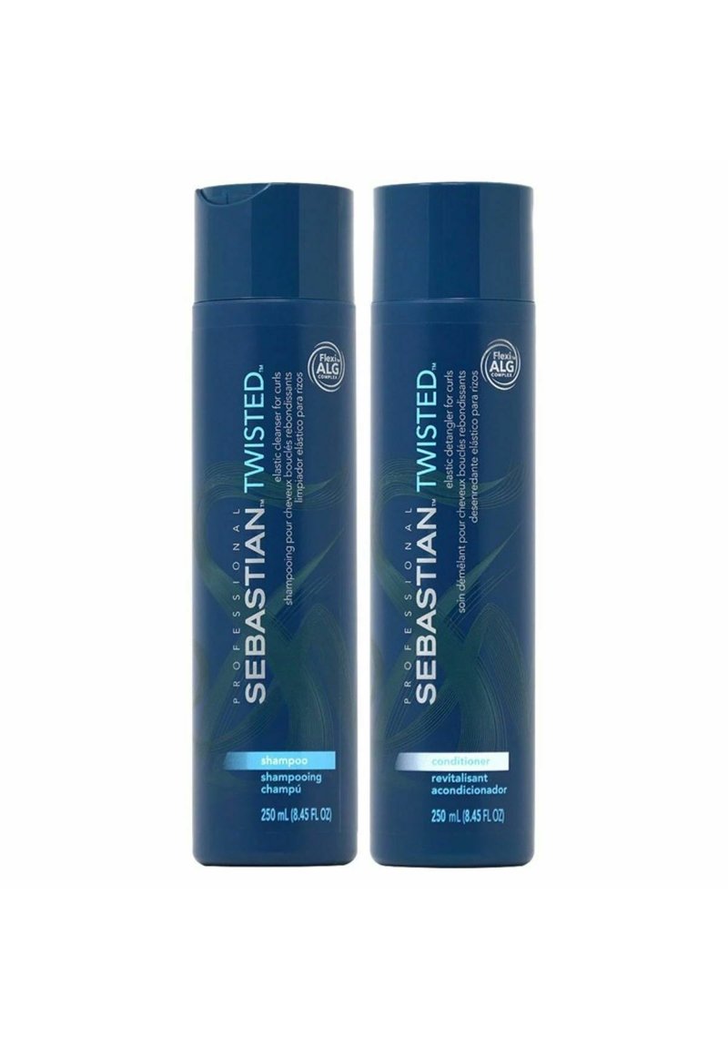 Sebastian Twisted shampoo and conditioner in blue bottles, each 250 mL, with labels indicating type and multilingual text. Textured design.