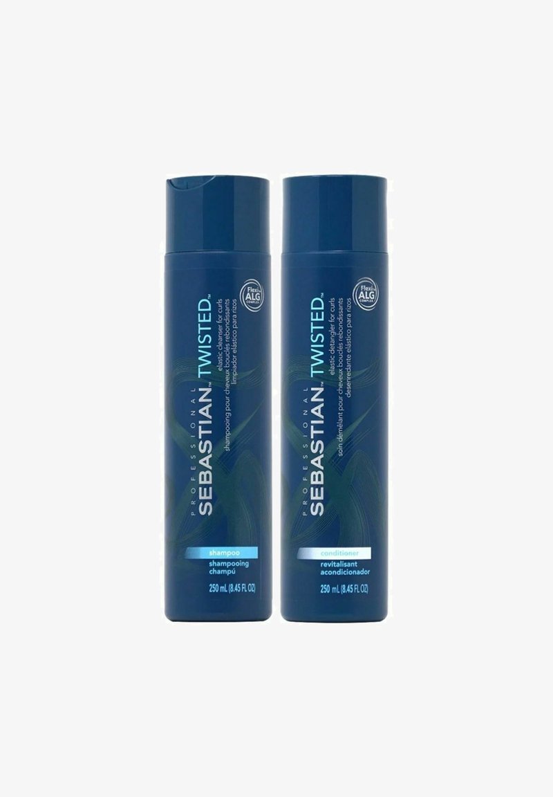 Sebastian Twisted shampoo and conditioner in blue bottles, each 250 mL, with labels indicating type and multilingual text. Textured design.