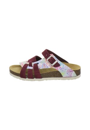 Open-toe sandal with cork sole, maroon suede straps, adjustable silver buckle, and multicolored patterned side panels.